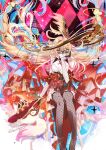  1girl abstract_background absurdres alice_(genshin_impact) bare_shoulders black_gloves black_thighhighs blonde_hair braid breasts cleavage commentary_request cowlick detached_sleeves dodoco_(genshin_impact) dress elf eye_mask fishnet_gloves fishnet_thighhighs fishnets foot_out_of_frame genshin_impact gloves hand_on_own_cheek hand_on_own_face hat highres karakusa_(ototsukiharu) large_breasts long_hair looking_at_viewer low_twin_braids mask one_eye_closed pointy_ears red_dress red_eyes red_sleeves smile solo straight-on thighhighs twin_braids very_long_hair vision_(genshin_impact) 