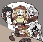  1boy 2girls beer_bottle black_hair blonde_hair blue_eyes bottle bruise commentary_request cup dreaming drinking_glass drunk fedora hat highres injury knife kojocho05 limbus_company long_hair lucio_(project_moon) multiple_girls project_moon purple_eyes red_eyes rodion_(project_moon) ryoshu_(project_moon) shot_glass single_tear valencina_(project_moon) white_hair 