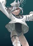  1girl black_one-piece_swimsuit commentary_request competition_swimsuit cowboy_shot dace_(kancolle) dixie_cup_hat grey_eyes grey_hair hat headgear highres kantai_collection looking_at_viewer military_hat one-hour_drawing_challenge one-piece_swimsuit ron_(pixiv83091338) shirt side_ponytail single_thighhigh solo swimsuit thigh_strap thighhighs underwater white_shirt white_thighhighs 