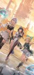  3girls :d ^_^ absurdres annata_(rewinding_cadence) aqua_bow arm_up bag black_boots black_eyes black_gloves black_hair black_pantyhose black_shirt black_shoes blonde_hair book boots bow braid brown_bag brown_boots chinese_commentary cleavage_cutout closed_eyes clothing_cutout coat commentary_request copyright_name copyright_notice cropped_shirt dress dutch_angle fingerless_gloves gloves grey_eyes hair_bow hat highres holding holding_book jellyfish leg_up logo long_dress long_hair low-braided_long_hair low-tied_long_hair low_ponytail miniskirt multiple_girls navel official_art official_wallpaper open-toe_boots open_book open_mouth outdoors pantyhose pata_(rewinding_cadence) pelvic_curtain ponytail puffy_short_sleeves puffy_sleeves recursor_(rewinding_cadence) rewinding_cadence shirt shoes short_dress short_sleeves shorts_under_dress single_leg_pantyhose single_thigh_boot skirt sky sleeveless sleeveless_coat smile teeth thigh_boots tower upper_teeth_only walking water white_dress white_hair white_hat white_skirt white_sleeves yellow_sky 