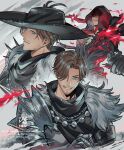  1boy adventurer_(ff14) armor black_hat blue_eyes brown_hair commentary_request cowl facial_hair final_fantasy final_fantasy_xiv gauntlets grey_background grin hair_over_one_eye hat highres hyur looking_at_viewer male_focus multiple_views nexs_sen reaper_(final_fantasy) red_eyes short_hair shoulder_armor smile stubble warrior_of_light_(ff14) wide_brim 