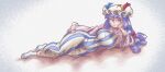  1girl breasts crescent crescent_hat_ornament crescent_pin dress flour_4 hand_on_own_face hat hat_ornament long_hair looking_at_viewer lying medium_breasts mob_cap on_side patchouli_knowledge purple_eyes purple_hair solo striped_clothes striped_dress touhou vertical-striped_clothes vertical-striped_dress 