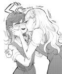  2girls 4ding blush closed_eyes collared_shirt commentary dress drooling greyscale half-closed_eye highres imminent_kiss long_hair looking_at_another love_live! love_live!_superstar!! monochrome multiple_girls neck_ribbon nose_blush one_eye_closed open_mouth pinafore_dress ribbon saliva school_uniform shibuya_kanon shirt short_sleeves simple_background sleeveless sleeveless_dress speech_bubble summer_uniform teeth tongue tongue_out translation_request upper_teeth_only v-shaped_eyebrows wavy_hair white_background wien_margarete yuigaoka_school_uniform yuri 
