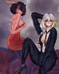  2girls antennae arthropod_girl arthropod_limbs between_breasts black_hair black_sclera black_suit braid braided_ponytail breasts cleavage clothes_between_breasts colored_sclera dress echis_art fang green_hair hair_between_eyes highres indie_virtual_youtuber juniper_actias juniper_actias_(space_invader) juniper_actias_(tactical) looking_at_viewer monster_girl moth_antennae moth_girl multicolored_hair multiple_girls necktie necktie_between_breasts pointy_ears red_dress short_hair sideboob skin_fang suit virtual_youtuber white_hair yellow_eyes 