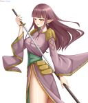  1girl absurdres ass blunt_bangs blush breasts busty commission commissioner_upload dress earrings elf highres holding holding_sword holding_weapon jewelry katana large_breasts legs long_hair long_sleeves lori_hagami official_art parted_lips pointy_ears purple_dress purple_hair sheath simple_background smile solo sword thighs unsheathing ways_of_darkness_(series) weapon white_background wide_sleeves yellow_eyes ypsel 