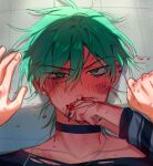  1boy alien_stage aqua_hair arm_warmers black_choker black_shirt bruise bruise_on_face choker commentary covering_own_mouth english_commentary green_eyes highres injury ivan_(alien_stage) jersey male_focus ninjinsuni official_alternate_costume on_ground pov pov_hands red_shirt shirt short_hair solo striped_arm_warmers 