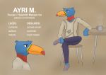  anthro avian beak bird blue_body blue_feathers brown_eyes chair clothed clothing cup english_text feathers furniture hyacinth_macaw macaw male model_sheet neotropical_parrot orbitalis parrot simple_background solo table text toucan true_parrot url yellow_beak 