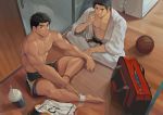  2boys abs anklet bag bara basketball black_hair brothers brown_eyes closed_mouth dainyuu_(dgls) dougi duffel_bag dutch_angle floor indian_style jersey jewelry male_focus multiple_boys muscle nipples original pectorals shirtless shorts siblings sitting smile uniform wooden_floor 