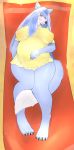  beach big_breasts blue_body blue_fur breasts canid canine canis clothing dress female fur green_eyes hand_on_stomach herrmoki hi_res kori lying mammal on_back pregnant sand seaside smile solo towel wolf yellow_clothing yellow_dress 