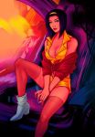  1girl breasts cigarette cleavage cowboy_bebop crop_top faye_valentine green_eyes hairband highres jen_bartel looking_at_viewer parted_lips purple_hair shirt short_hair shorts sitting solo thighhighs tied_shirt white_legwear yellow_hairband yellow_shorts 