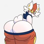  1:1 ambiguous_gender anthro bent_over big_butt blush butt butt_focus cinderace clothed clothing fur hi_res lagomorph looking_at_viewer looking_back mammal nintendo noirnoir pok&eacute;mon pok&eacute;mon_(species) presenting red_eyes simple_background solo teeth thick_thighs video_games white_body white_fur white_tail 