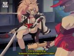  2girls baiken bluethebone eyepatch guilty_gear guitar hat i-no instrument latex_dress long_hair multiple_girls panties pink_hair ponytail short_hair sword underwear weapon witch_hat 