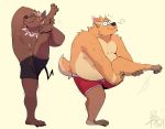  anthro belly bodily_fluids borkthunder bottomwear canid canine canis clothing duo eyes_closed fur hi_res leg_stretch male mammal muscular muscular_male orange_body orange_fur overweight overweight_male raising_leg shorts simple_background stretching sweat tattoo underwear wide_eyed wolf 