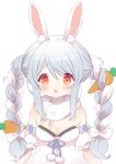  1girl animal_ear_fluff animal_ears blue_hair blush bow braid breasts bunny_ears carrot_hair_ornament chestnut_mouth cleavage commentary_request don-chan_(usada_pekora) eyebrows_visible_through_hair food_themed_hair_ornament hair_bow hair_ornament highres hololive long_hair looking_at_viewer maitou medium_breasts multicolored_hair orange_eyes pom_pom_(clothes) short_eyebrows simple_background solo thick_eyebrows twin_braids two-tone_hair upper_body usada_pekora virtual_youtuber white_background white_bow white_hair 
