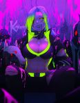  1girl 1other bandaid bandaid_on_face blood breasts cleavage cyberpunk cyborg dog green_eyes green_hair highres injury koyorin large_breasts long_hair looking_at_viewer mechanical_arm multicolored_hair navel necktie neon_trim one_eye_closed original purple_hair red_pupils sharp_teeth sitting solo_focus teeth torn_clothes 