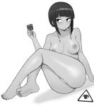  1girl bangs blunt_bangs blush boku_no_hero_academia breasts collarbone completely_nude condom condom_wrapper donburikazoku fingernails gloves highres holding holding_condom jack_plug jirou_kyouka legs_together medium_breasts nude pussy short_hair sitting soles solo thighs toenails toes uncensored 