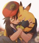  1boy ash_ketchum bangs baseball_cap black_gloves black_hair blush closed_eyes crossed_arms fingerless_gloves fingernails gen_1_pokemon gloves happy hat holding holding_pokemon melso open_mouth pikachu pokemon pokemon_(anime) pokemon_(creature) pokemon_rse_(anime) red_headwear short_sleeves watermark 