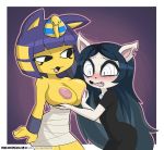  2020 animal_crossing ankha_(animal_crossing) anthro areola big_breasts blush border breasts cartoon_hangover claire_(the_summoning) clothed clothing crossover dankodeadzone domestic_cat duo exposed_breasts felid feline felis female female/female flustered hair hand_on_breast headdress hi_res long_hair mammal nintendo nipples notched_ear short_hair simple_background text the_summoning uraeus url video_games white_border wood_elf 