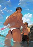  2boys ass back bara blue_eyes blue_sky blush blush_stickers brown_hair closed_mouth cloud dainyuu_(dgls) dark_skin dark_skinned_male day innertube looking_at_another looking_away male_focus male_swimwear multiple_boys muscle original sky smile swim_briefs swim_trunks swimwear thick_eyebrows thick_thighs thighs water 