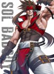  1boy arm_up bara bare_shoulders brown_hair chest cleavage_cutout clothing_cutout covered_abs feet_out_of_frame fingerless_gloves gloves guilty_gear harness headband long_hair looking_at_viewer male_focus muscle pelvic_curtain ponytail red_headband sheath sinichi_okazaki sleeveless sol_badguy solo spiked_hair sword sword_behind_back thick_thighs thighs tight unsheathing weapon 