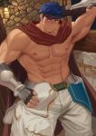  2boys abs bara bare_chest black_gloves blue_eyes blue_hair bulge cape chest dainyuu_(dgls) fire_emblem fire_emblem:_path_of_radiance gloves hand_on_another&#039;s_head headband highres ike_(fire_emblem) imminent_fellatio male_focus multiple_boys muscle navel nipples pants red_headband short_hair thick_thighs thighs vambraces white_pants yaoi 