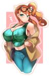  1girl absurdres armpits breasts eyewear_on_head glasses green_eyes heart highres huge_breasts looking_at_viewer navel orange_hair pokemon side_ponytail sonia_(pokemon) sweat tagme tea_texiamato 