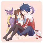  1boy 1girl ? bangs barefoot blue_eyes blush breasts brown_hair brown_legwear closed_mouth collarbone commentary_request flying_sweatdrops gen_5_pokemon hugh_(pokemon) liepard long_hair pants pantyhose poke_ball poke_ball_(basic) pokemon pokemon_(creature) pokemon_(game) pokemon_bw2 raglan_sleeves rosa_(pokemon) sidelocks soles spoken_question_mark toes twintails yairo_(sik_s4) 