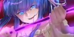  1girl blue_eyes choker frills furudo_erika glowing glowing_eyes hair_ornament highres holding holding_weapon purple_hair scythe sidelocks twintails umineko_no_naku_koro_ni usuaji weapon 