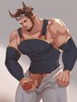  1boy arbbun bara bare_shoulders beard brown_hair character_request check_character chest covered_abs covered_navel covered_nipples cowboy_shot detached_sleeves draph facial_hair goggles goggles_on_head granblue_fantasy highres horns male_focus male_masturbation manly masturbation muscle pants penis pointy_ears short_hair solo thick_thighs thighs tight uncensored white_pants 