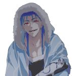  1boy armor blue_hair capelet collarbone cu_chulainn_(fate)_(all) cu_chulainn_(fate/grand_order) earrings eyebrows_visible_through_hair fangs fate/grand_order fate_(series) fur-trimmed_hood fur_trim hood hood_up hooded_capelet jewelry long_hair looking_at_viewer male_focus namo open_mouth red_eyes simple_background smile solo type-moon vambraces white_background 