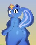  &lt;3 absurd_res accessory anthro blue_body blue_fur breasts butt dezmine21 female flower flower_in_hair fur hair hair_accessory happy_tree_friends heart_nose hi_res looking_at_viewer mammal mephitid petunia_(htf) plant short_stack side_boob skunk smile smiling_at_viewer solo 
