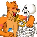  1:1 alpha_channel anthro bone brass_instrument canid canine canis chilliad_(oc) dairy_products dingo eyes_closed food fur hands_behind_head happy khramchee laugh male mammal musical_instrument open_mouth orange_body orange_fur simple_background skeleton solo teeth transparent_background trumpet wind_instrument 
