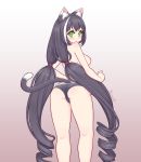  2020 animal_humanoid black_hair blush breasts butt camel_toe cat_humanoid clothed clothing felid felid_humanoid feline feline_humanoid female green_eyes hair highlights_(coloring) humanoid kionant kyaru_(princess_connect) long_hair looking_back mammal mammal_humanoid nipples pigtails princess_connect! rear_view simple_background solo topless underwear white_highlights 