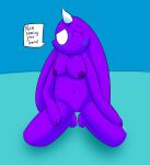  :3 absurd_res blue_background blush blush_lines breasts clitoris demon dialogue dialogue_box eftiinsfw english_text female genitals hands_on_thighs hi_res horn kneeling navel nude one_eye_closed purple_body pussy simple_background solo stultus_(character) text white_eyes 