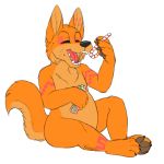  1:1 alpha_channel candy candy_cane canid canine canis chilliad_(oc) dingo eating eating_food eyes_closed food fur happy khramchee male mammal open_mouth orange_body orange_fur pawpads paws raised_tail signature simple_background sitting solo transparent_background 