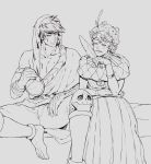  2boys armlet barefoot bracelet curly_hair feathers greyscale hades_(game) hair_feathers highres hypnos_(hades) jewelry lineart monochrome multiple_boys sitting skull winter_(winter168883) zagreus 