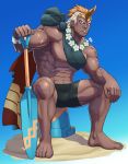  1boy abs alternate_costume bara beach dark_skin dark_skinned_male fire_emblem fire_emblem_heroes flower_wreath full_body helbindi_(fire_emblem) highres horns male_swimwear multicolored_hair muscle musou_luf navel official_alternate_costume orange_hair red_eyes sand scar short_hair single_horn sitting summer swim_trunks swimsuit swimwear thick_thighs thighs two-tone_hair white_hair 