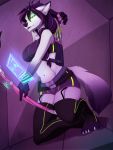 3:4 4_toes 5_fingers anthro black_nose breasts canid canine female fingers fox fur green_eyes hair mammal midriff navel purple_hair smile solo toes white_body white_fur wolflady 