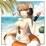  1girl absurdres alternate_costume alternate_hairstyle asymmetrical_hair bangs beach black_gloves braid breasts cross cross_earrings earrings fang flower food girls_frontline gloves hachirodesu hair_flower hair_ornament hair_ribbon hairclip highres jewelry lifebuoy light_brown_eyes light_brown_hair looking_at_viewer medium_breasts navel ocean popsicle ppk_(girls_frontline) ribbon single_sidelock solo sunglasses 