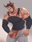  1boy arbbun bara bare_shoulders beard brown_hair censored character_request check_character chest covered_abs covered_navel covered_nipples cowboy_shot detached_sleeves draph facial_hair goggles goggles_on_head granblue_fantasy highres horns male_focus male_masturbation manly masturbation mosaic_censoring muscle pants penis pointy_ears short_hair solo thick_thighs thighs tight white_pants 