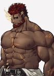  1boy abs bara bare_chest beard chest facial_hair flaming_eye hephaestus_(tokyo_houkago_summoners) looking_at_viewer male_focus muscle navel nipples red_hair scar shirtless short_hair solo sweat thick_eyebrows tokyo_houkago_summoners upper_body vatto_(1997522adachi) white_background 