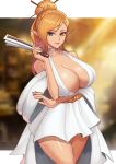  1girl absurdres aqua_eyes belt blonde_hair breasts chopsticks cleavage dungeon_and_fighter elf fan hair_bun highres hiroshi_(beolcoyote) large_breasts looking_at_viewer paper_fan pointy_ears siusha_elemin smile solo toga 