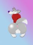  absurd_res anthro anus balls big_balls butt canid canine canis chip_the_wolf clothing cookie_crisp fur genitals grey_body grey_fur gypsy_king_(artist) hi_res looking_back male mammal mascot nude shirt simple_background smiling_at_viewer solo topwear wolf 