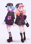  2girls aikatsu!_(series) aikatsu_friends! ankle_boots bag belt black_choker black_footwear black_headband black_jacket black_legwear black_shirt black_skirt blue_bow blue_hair blue_shirt boots bow cabbie_hat carrying choker closed_mouth eighth_note flat_cap gradient_hair grey_background handbag hat hat_bow hat_ornament headband heel_up highres holding_hands jacket leather leather_jacket long_hair long_sleeves looking_at_viewer medium_hair minato_mio miniskirt multicolored_hair multiple_girls musical_note nail_polish open_clothes open_jacket orange_hair oversized_clothes pink_hair plaid plaid_skirt print_shirt purple_belt purple_eyes purple_hair purple_nails purple_shorts red_shirt shirt shoes short_over_long_sleeves short_shorts short_sleeves shorts side-by-side simple_background skirt smile socks standing star_(symbol) star_hat_ornament striped striped_legwear t-shirt yamamura_saki yuuki_aine 