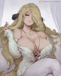  1girl bare_shoulders blonde_hair breasts brown_eyes cleavage crossed_legs cutesexyrobutts cynthia_(pokemon) hair_ornament hand_in_hair highres jewelry large_breasts long_hair looking_at_viewer necklace pokemon ribbed_sweater sitting solo sweater very_long_hair 