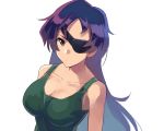  1girl bangs breasts cleavage closed_mouth collarbone commentary_request expressionless eyepatch green_tank_top large_breasts long_hair mirai_nikki purple_eyes purple_hair sayshownen simple_background solo tank_top upper_body uryuu_minene white_background 