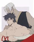  2boys black_hair blush collarbone dark_skin dark_skinned_male green_eyes grey_hair hades_(game) hand_on_shoulder highres multiple_boys red_ribbon ribbon simple_background smile thanatos_(hades) winter_(winter168883) yaoi yellow_eyes zagreus 