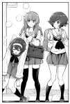  3girls akiyama_yukari backpack bag bangs black_neckwear blouse blunt_bangs blush bonkara_(sokuseki_maou) border carrying closed_eyes eyebrows_visible_through_hair girls_und_panzer greyscale hairband highres holding_person loafers long_hair long_sleeves looking_at_another looking_at_viewer messy_hair miniskirt monochrome multiple_girls neckerchief ooarai_school_uniform open_mouth pleated_skirt reizei_mako sandals school_briefcase school_uniform serafuku shoes short_hair skirt sleepy socks standing sweatdrop takebe_saori thighhighs v-shaped_eyebrows 