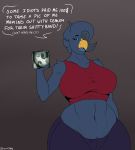  absurd_res anthro avian big_breasts bird breasts clothed clothing curvy_figure dialogue elektr0 english_text female femlek_(elektr0) hi_res huge_breasts midriff non-mammal_breasts pubes shirt solo text thick_thighs topaz_(elektr0) topwear voluptuous wide_hips 