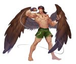  1boy abs absurdres bandages bara bare_chest brown_hair bulge chest feather_necklace feathered_wings fingerless_gloves fire_emblem full_body gloves headband highres male_focus microphone muscle my_eight navel nipples open_mouth short_hair shorts smile solo thick_thighs thighs tibarn_(fire_emblem) white_background wings yellow_eyes 